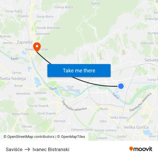 Savišće to Ivanec Bistranski map