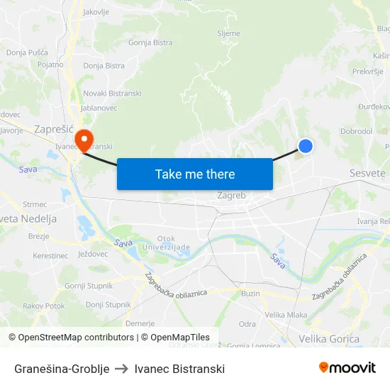Granešina-Groblje to Ivanec Bistranski map