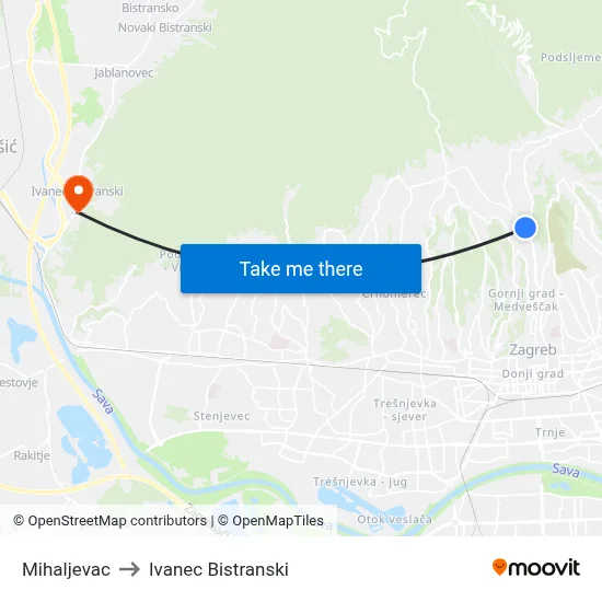 Mihaljevac to Ivanec Bistranski map