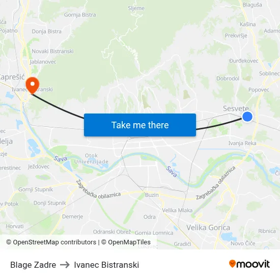 Blage Zadre to Ivanec Bistranski map