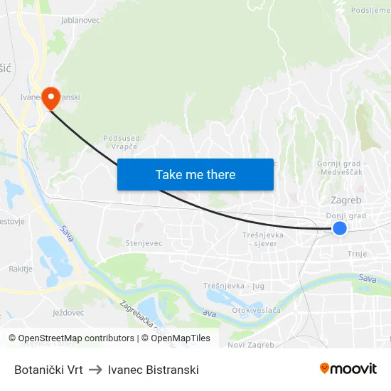 Botanički Vrt to Ivanec Bistranski map