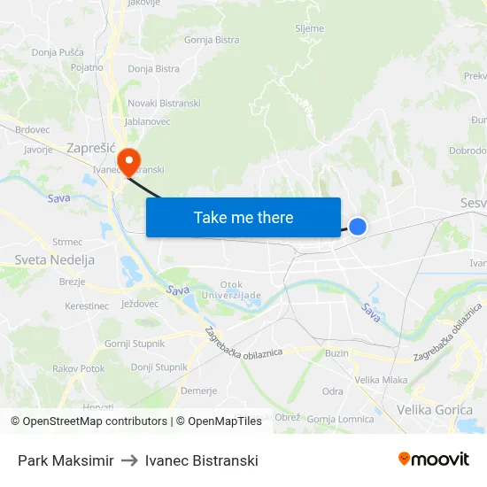 Park Maksimir to Ivanec Bistranski map