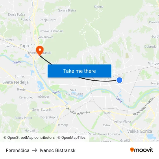 Ferenščica to Ivanec Bistranski map