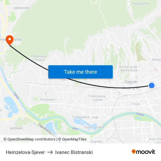 Heinzelova-Sjever to Ivanec Bistranski map