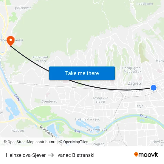 Heinzelova-Sjever to Ivanec Bistranski map
