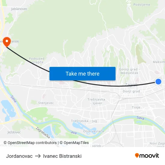 Jordanovac to Ivanec Bistranski map