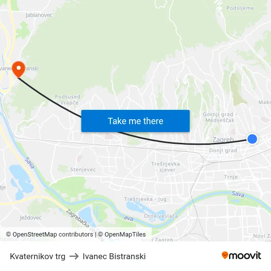 Kvaternikov trg to Ivanec Bistranski map