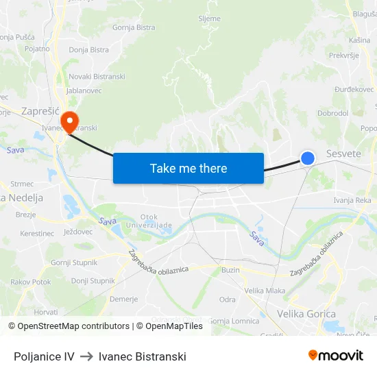 Poljanice IV to Ivanec Bistranski map