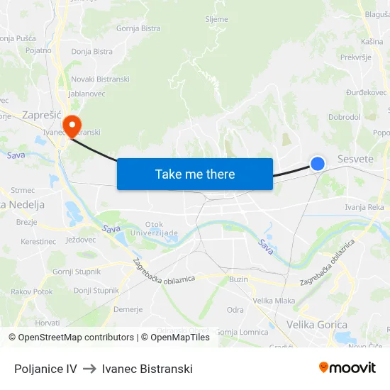 Poljanice IV to Ivanec Bistranski map