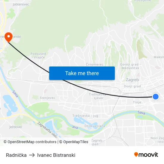 Radnička to Ivanec Bistranski map