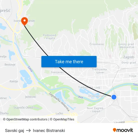Savski gaj to Ivanec Bistranski map
