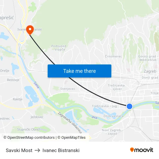 Savski Most to Ivanec Bistranski map