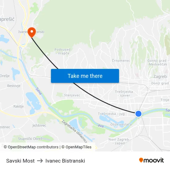 Savski Most to Ivanec Bistranski map