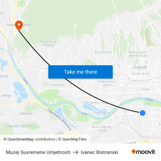 Muzej Suvremene Umjetnosti to Ivanec Bistranski map