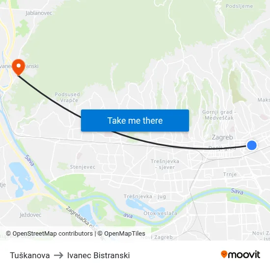 Tuškanova to Ivanec Bistranski map