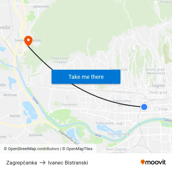Zagrepčanka to Ivanec Bistranski map