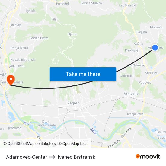 Adamovec-Centar to Ivanec Bistranski map