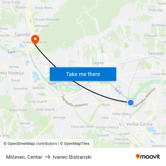 Mičevec, Centar to Ivanec Bistranski map