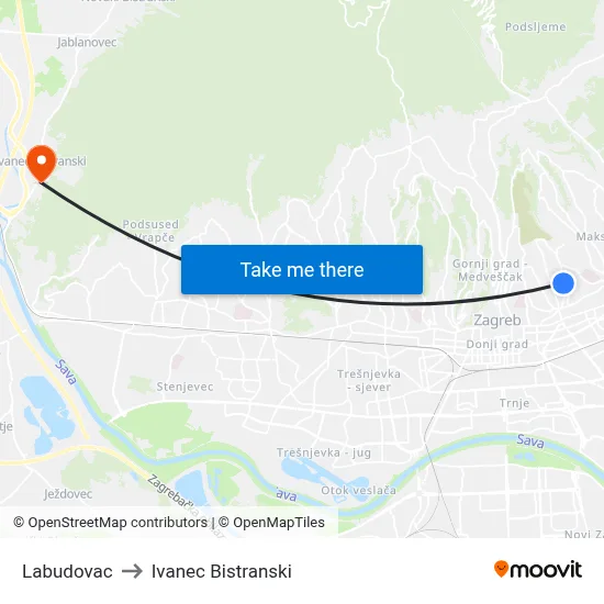 Labudovac to Ivanec Bistranski map