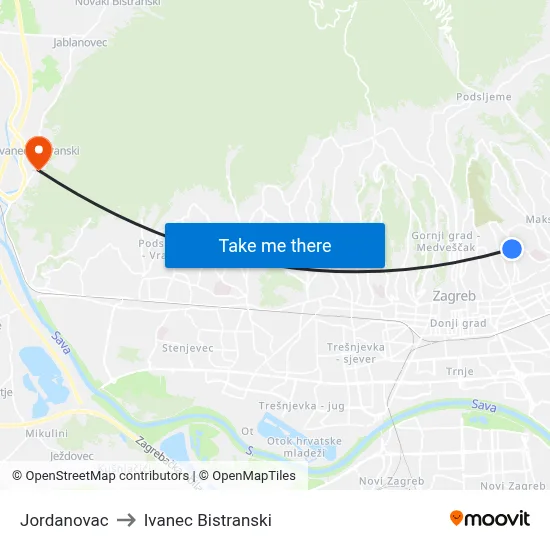 Jordanovac to Ivanec Bistranski map