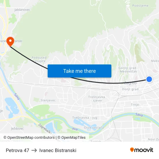 Petrova 47 to Ivanec Bistranski map
