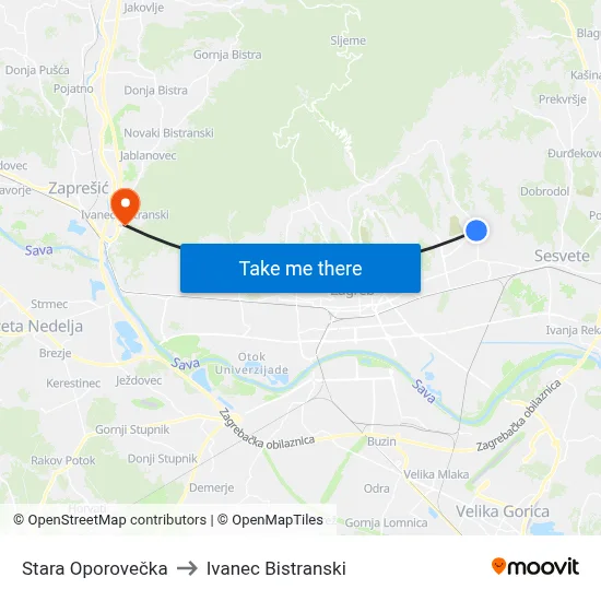 Stara Oporovečka to Ivanec Bistranski map