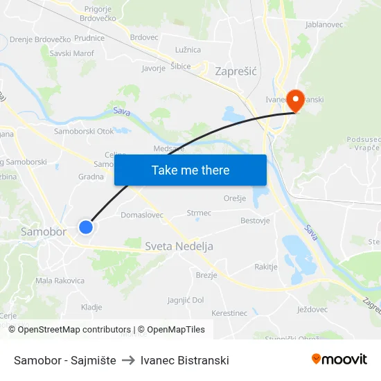 Samobor - Sajmište to Ivanec Bistranski map