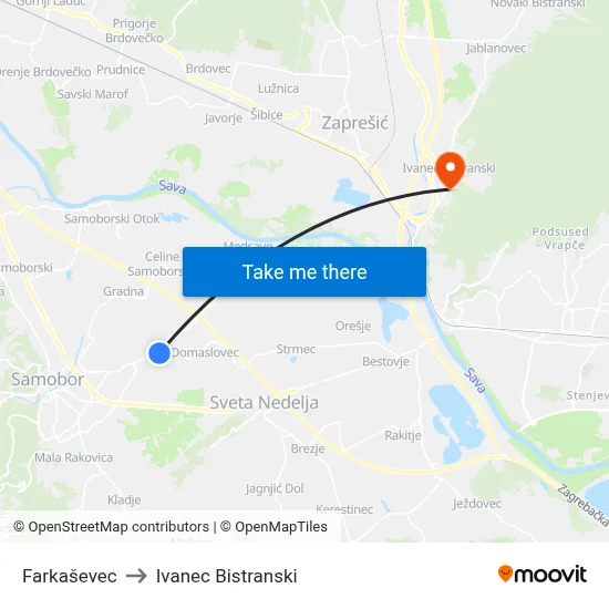 Farkaševec to Ivanec Bistranski map