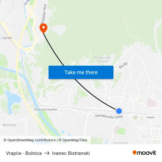 Vrapče - Bolnica to Ivanec Bistranski map