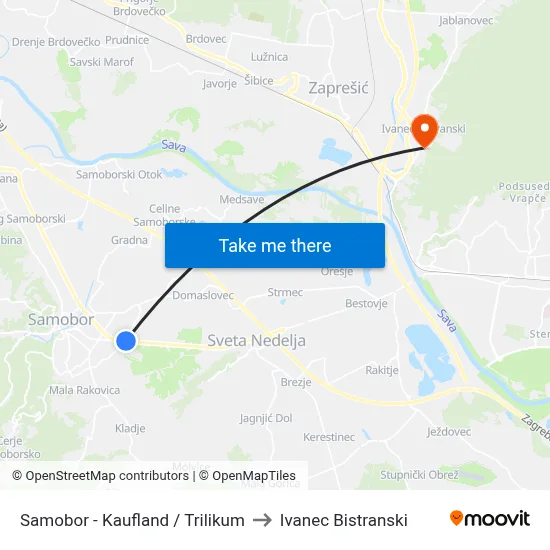 Samobor - Kaufland / Trilikum to Ivanec Bistranski map