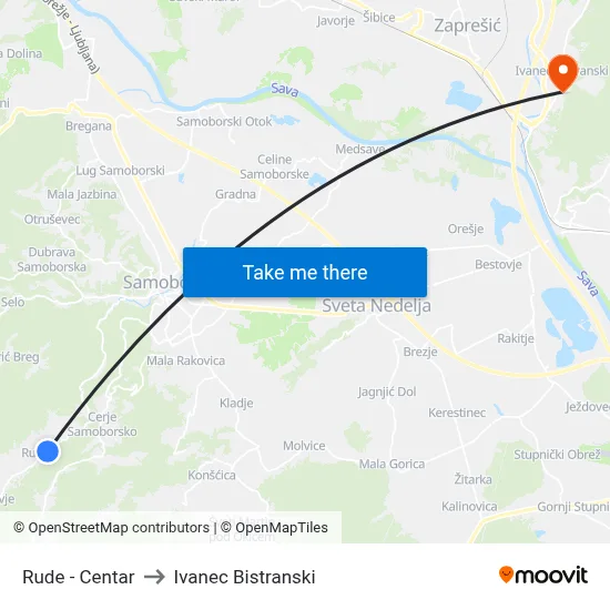Rude - Centar to Ivanec Bistranski map