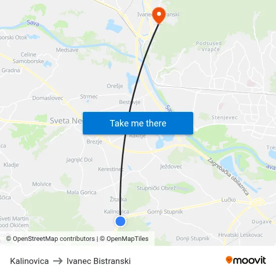 Kalinovica to Ivanec Bistranski map