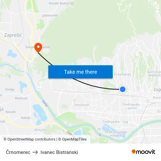 Črnomerec to Ivanec Bistranski map
