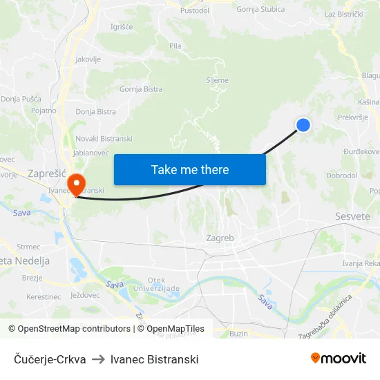 Čučerje-Crkva to Ivanec Bistranski map