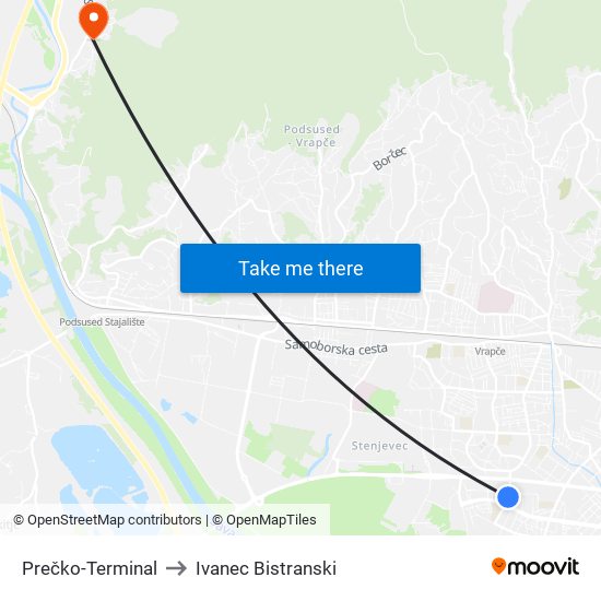 Prečko-Terminal to Ivanec Bistranski map