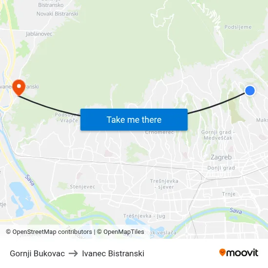 Gornji Bukovac to Ivanec Bistranski map