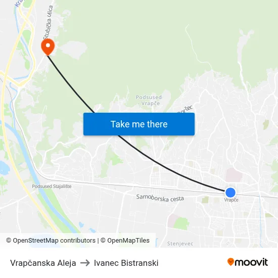 Vrapčanska Aleja to Ivanec Bistranski map