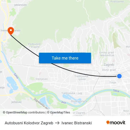 Autobusni Kolodvor Zagreb to Ivanec Bistranski map