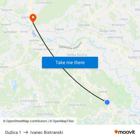 Dužica 1 to Ivanec Bistranski map