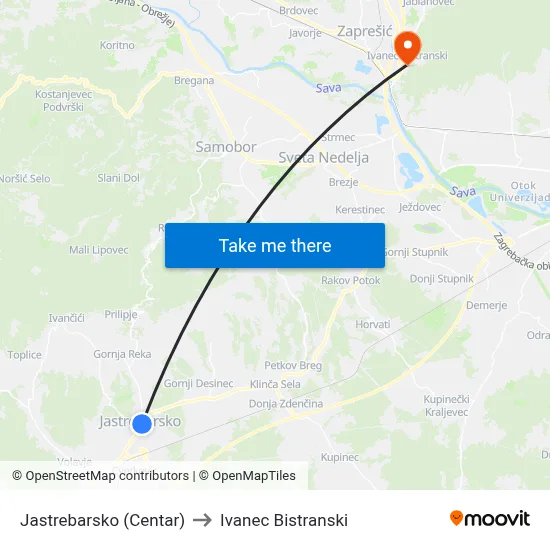 Jastrebarsko (Centar) to Ivanec Bistranski map