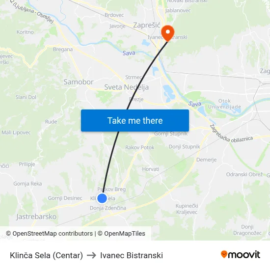 Klinča Sela (Centar) to Ivanec Bistranski map
