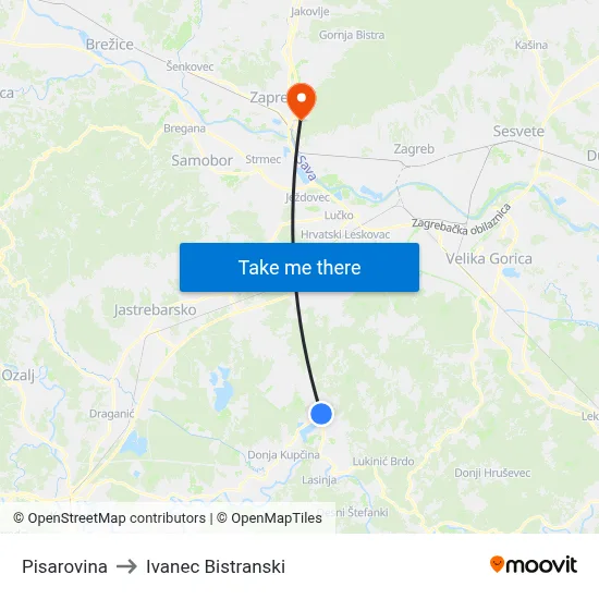 Pisarovina to Ivanec Bistranski map