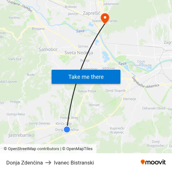 Donja Zdenčina to Ivanec Bistranski map