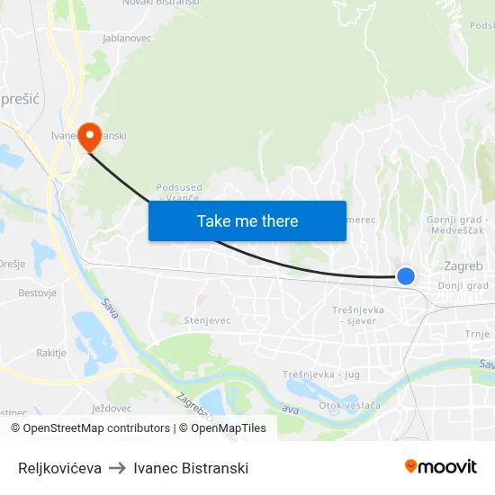 Reljkovićeva to Ivanec Bistranski map