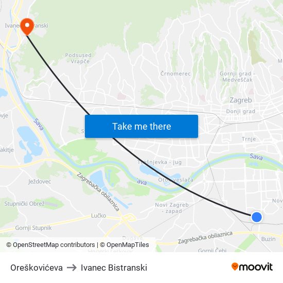 Oreškovićeva to Ivanec Bistranski map