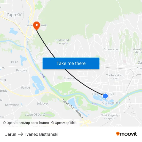 Jarun to Ivanec Bistranski map