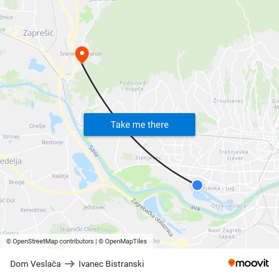 Dom Veslača to Ivanec Bistranski map