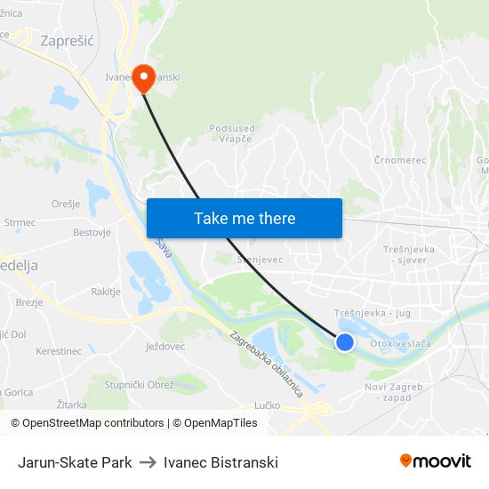 Jarun-Skate Park to Ivanec Bistranski map