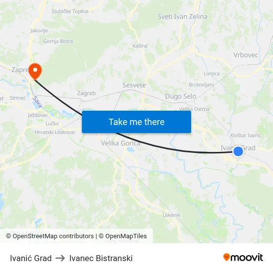 Ivanić Grad to Ivanec Bistranski map