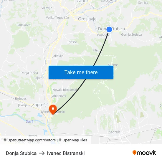 Donja Stubica to Ivanec Bistranski map